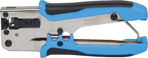 Compact pocket size design suitable for use with solid core “through wire” or open-pass modular crimp plugs. Crimps and trims ends in one motion. All steel design with comfortable rubberised grips. 