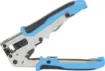 Compact pocket size design suitable for use with solid core “through wire” or open-pass modular crimp plugs. Crimps and trims ends in one motion. All steel design with comfortable rubberised grips. 