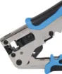 Compact pocket size design suitable for use with solid core “through wire” or open-pass modular crimp plugs. Crimps and trims ends in one motion. All steel design with comfortable rubberised grips. 