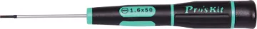 1.6mm Flat Blade Pro Miniature Screwdriver Tips made from rugged, hard wearing chrome vanadium steel. These pro drivers feature a rubberised grip and a 50mm shaft.