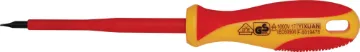 5mm Flat Blade 1000V Insulated Screwdriver A must for people who service 240V appliances. Rated at 1000V with insulated shaft. Super comfortable rubberised grip. Heat treated chrome vanadium tips for long life.