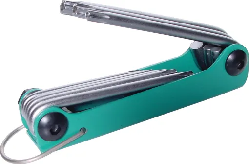 Perfect for both service technicians or hobbyists. These compact fold up key sets suit many popular modern appliances. 8 piece folding star key set. All nickel plated construction.