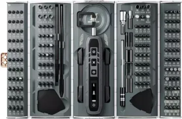Professional 180 Piece Electronic Screwdriver Set The Jakemy JM-8193 is an electronic screwdriver set suitable for various tasks, from home repairs to professional maintenance. The multifunctional handle offers three-speed torque options suitable for modern high tech devices.