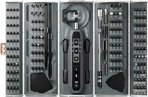 The Jakemy JM-8193 is an electronic screwdriver set suitable for various tasks, from home repairs to professional maintenance. The multifunctional handle offers three-speed torque options suitable for modern high tech devices.