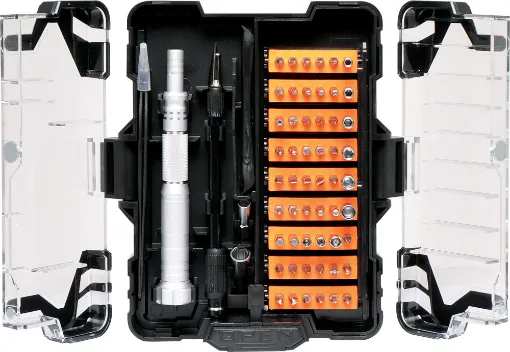 A handy kit containing a huge variety of driver bits, double ended opening tools, spudger, curved tip tweezers and flexible drive extension. 