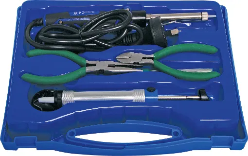 A handy all in one electric soldering iron starter kit for the student, beginner or for that occasional repair job. 