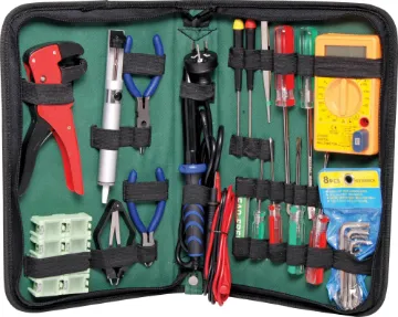 20 Piece Electronic Tool Kit With Soldering Iron This 20 piece tool kit with handheld soldering iron contains all the essentials required for the field technician or the hobbyist who is just starting out. Will cover a wide variety of household and electronic jobs. All in a portable, durable padded zip-up carry case.