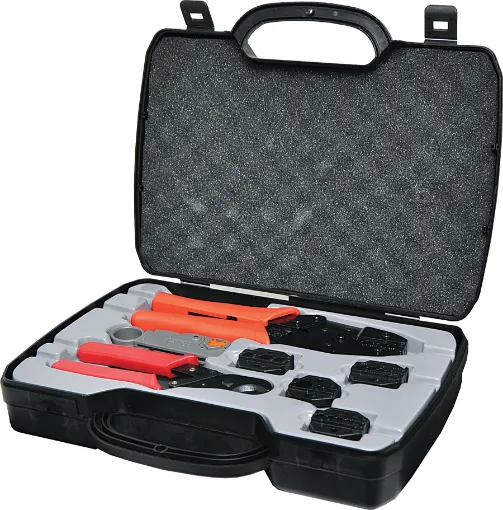 A complete kit for crimping all types of coaxial RF connectors. Kit includes an all metal ratchet crimp tool with 5 sets of interchangeable jaws to suit BNC, F, TNC, N, PL259, PAL & SMA connectors. Also included is a coaxial wire stripper, a set o