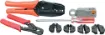 A complete kit for crimping all types of coaxial RF connectors. Kit includes an all metal ratchet crimp tool with 5 sets of interchangeable jaws to suit BNC, F, TNC, N, PL259, PAL & SMA connectors. Also included is a coaxial wire stripper, a set o