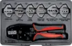 A unique ratchet crimping kit supplied with 7 sets of crimping jaws. Each jaw pair slides into the crimper and is held in place by magnets - no fiddly screws or tricky alignment required.  Kit includes jaws to suit insulated kwik crimps, uninsulated lugs,