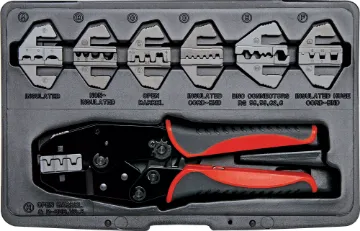 Crimptool Ratchet Multi-Connector Universal Kit A unique ratchet crimping kit supplied with 7 sets of crimping jaws. Each jaw pair slides into the crimper and is held in place by magnets - no fiddly screws or tricky alignment required.  Kit includes jaws to suit insulated kwik crimps, uninsulated lugs,