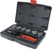 A unique ratchet crimping kit supplied with 7 sets of crimping jaws. Each jaw pair slides into the crimper and is held in place by magnets - no fiddly screws or tricky alignment required.  Kit includes jaws to suit insulated kwik crimps, uninsulated lugs,