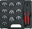 A unique ratchet crimping kit supplied with 10 sets of crimping jaws. Each jaw pair slides into the crimper and is held in place by magnets - no fiddly screws or tricky alignment required.