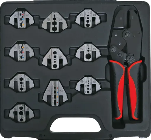 A unique ratchet crimping kit supplied with 10 sets of crimping jaws. Each jaw pair slides into the crimper and is held in place by magnets - no fiddly screws or tricky alignment required.