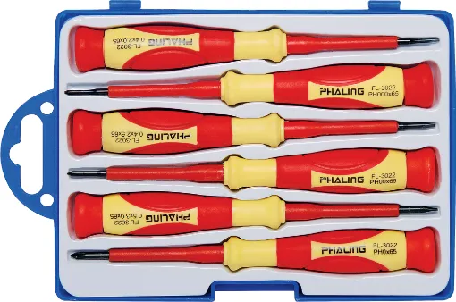 Precision screwdrivers with rotating top ferrule for
general servicing. Contains 3 flat blade (2.0, 2.5,
3mm) and 3 phillips head drivers (#000, #00, #0).
Supplied in a robust carry case. 65mm shaft length.