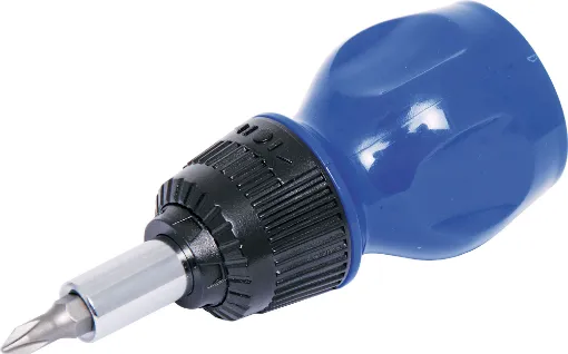 A handy ratchet driver for the car glovebox or tackling jobs around the house. Includes 7 driver bits in the handle, 3 flat blade, 3 phillips, 1 square drive. 