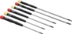 Includes 3 flat blades (2.4, 3.0, 3.8) and 3 cross head screwdrivers. The screwdrivers have long shafts which are ideal for reaching recessed screws. Handles are moulded plastic, and the shafts are nickel chrome molybdenum.