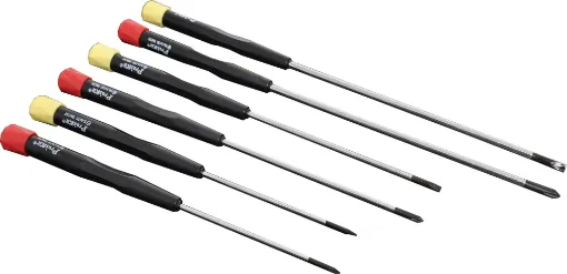 Includes 3 flat blades (2.4, 3.0, 3.8) and 3 cross head screwdrivers. The screwdrivers have long shafts which are ideal for reaching recessed screws. Handles are moulded plastic, and the shafts are nickel chrome molybdenum.