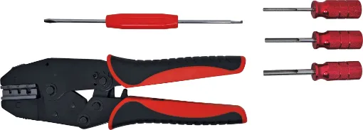Designed to crimp solid pins used in Deutsch DT multi-pole connectors. Suits size 12, 16 and 20 DT series pins. Included in the kit are a terminal housing release tool, pin removal tool and screwdriver.