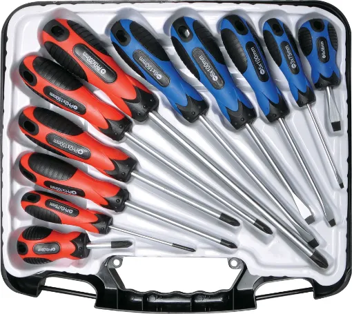 High grade screwdrivers with comfortable hand
grips. Set contains Phillips #2x38, #0x75, #1x100,
#2x100, #2x150, #3x200. Slotted 6x38, 3x75,
5x100, 6x100, 6x150mm. Chrome vanadium shafts.