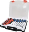 High grade screwdrivers with comfortable hand
grips. Set contains Phillips #2x38, #0x75, #1x100,
#2x100, #2x150, #3x200. Slotted 6x38, 3x75,
5x100, 6x100, 6x150mm. Chrome vanadium shafts.