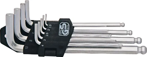 A nine piece metric allen key set with folding holder. Ball drive ends allow angled entry to allen sockets, great for tight spaces. Sizes: 1.5, 2, 2.5, 3, 4, 5, 6, 8, 10mm.