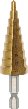 4 to 20mm / 9 Step Drill Bit Handy 4-20mm 9 step drill bits allowing you to drill different sized holes in plastic, wood or metal without changing drill bits.