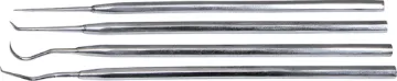 4 Piece Stainless Steel Pick and Scribe Set High quality tool kit featuring straight, angled, curved and hook tips.
Perfect for scraping varnish and flux away from solder joints on pcbs,
marking plastic panels and removing spring washers etc.