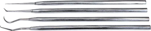 High quality tool kit featuring straight, angled, curved and hook tips.
Perfect for scraping varnish and flux away from solder joints on pcbs,
marking plastic panels and removing spring washers etc.