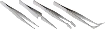 4 Piece Precision Tweezer Set Kit includes reversible action (normally closed), curved needle point, curved flat point and straight needle point tweeters.