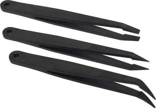 A durable high quality tweezer set made from nylon carbon fibre composite which is anti-static, antimagnetic, acid and alkali resistant.