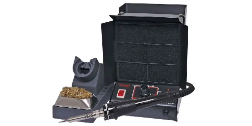 A high performance 60W soldering iron combined with a fume extractor, designed to keep your work area free from fumes and smoke. The all metal construction will ensure this professional station will last for years. A wide temperature range of 250&deg to 450&degC makes it suitable for a wide range of soldering tasks