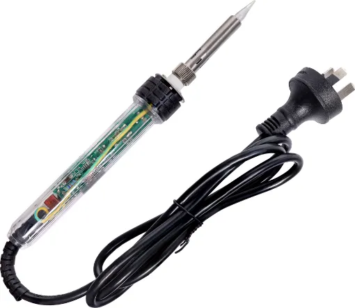 This quality handheld electric soldering iron is fitted with a dial adjustment in the handle to select temperatures between 200°C and 450°C. Fitted with ceramic heater for excellent ±2°C temperature stability. Includes 1mm fine round tip.
