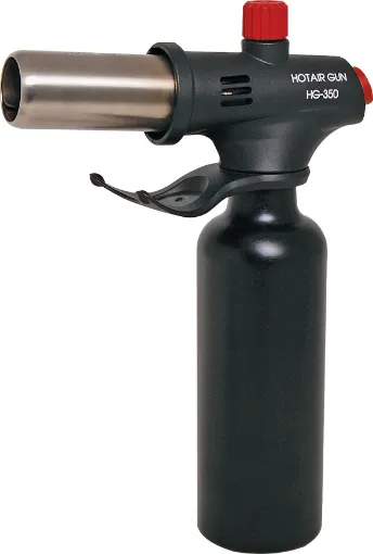 A high output butane powered hot air gun with two nozzle attachments for a wide variety of domestic and trade uses. After pressing the one-click automatic ignition the gun outputs hot air up to 550&degC.