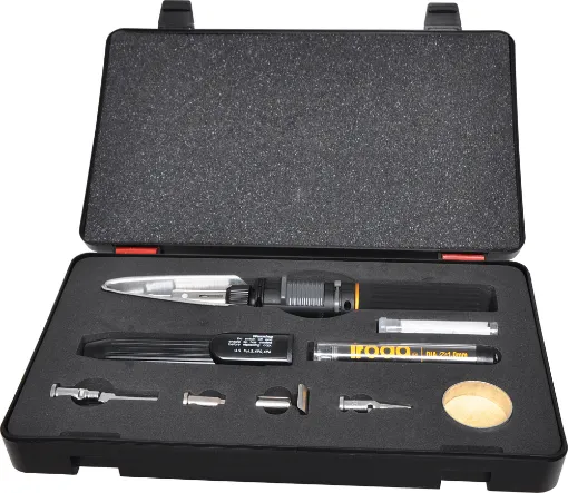 The T 2599 kit comprises of the IRODA T 2598 Gas Soldering Iron supplied in a handy carry case. Featuring a range of accessories which consists of a Hot Knife Tip(T2617), Heat Blower Tip(T2604), 2.4mm Chisel Tip(T2610), Spare Gas Filter(T2619), 3m Tube of