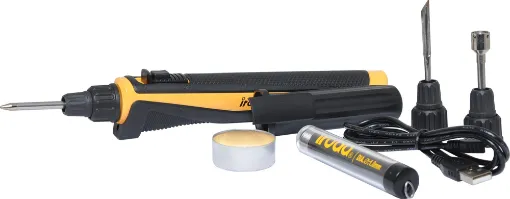 A kit version of the Iroda Solder Pro 25L, a battery powered soldering iron offering 30 Watts of heating power. USB rechargeable. Reaches temperatures up to 600&degC with 45 minute run time from its internal lithium battery.