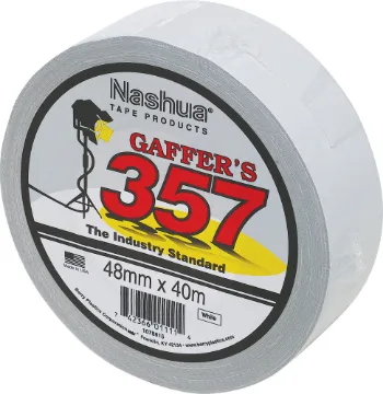 Nashua 357 Gaffers Tape White 48mm x 40m Genuine Nashua 357 Gaffers tape. Tough and sticky, it can be used to tape down leads at a band gig or make makeshift repairs to all sorts of equipment. Tears easily in one direction. 48mm wide 40m.