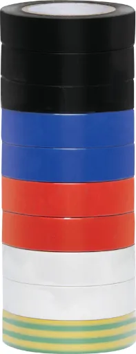 Assorted pack of 10 rolls. Heat resistant 20m x 18mm PVC tape. Lead free.