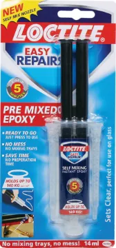 Loctite Five Minute Epoxy 14ml Bonds in 4 to 7 minutes. Dries clear to maximum strength in 1 hour. Supplied in a handy dual syringe to ensure accurate dispensation of glue.