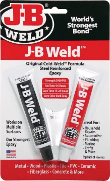 JB Weld High Strength Metal Filled Epoxy Adhesive Don''t scrap that damaged item that nothing else can fix! JB WELD is an incredibly versatile product that can repair everything from damaged welds and solders to a precious heirloom. Save money, save time, and save your sanity for drastically less money than other forms of permanent repair.