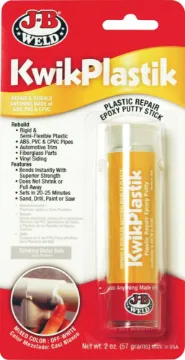 JB KwikPlastik High Strength Plastic Epoxy Adhesive JB Kwik Plastic or Plastic Weld - a hand-mixable, fast-setting epoxy putty for most major types of plastic. Repair and rebuild anything made of ABS, PVC or CPVC.