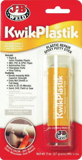 JB Kwik Plastic or Plastic Weld - a hand-mixable, fast-setting epoxy putty for most major types of plastic. Repair and rebuild anything made of ABS, PVC or CPVC. 