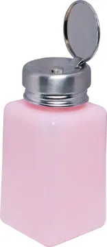 ESD Safe Liquid Pump Bottle This handy 180ml "pump action" solvent dispenser pumps a measured amount of contained liquid into the stainless steel bowl cap. This then allows the user to use the liquid by a cotton bud or similar for cleaning a video head for example. ESD Safe.