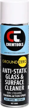 Ground Zero Anti-Static Glass & Surface Cleaner Aerosol 500g Specially formulated water-based, non-abrasive multi-application cleaner which sanitises and removes tough dirt, dust, grease, lint, oil, toner, carbon, fingerprints, and smudges from multiple surfaces.
