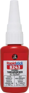 Threadlocker 8243 10ml Removable general-purpose threadlocking adhesive. Suited for fasteners between 6-19mm. Tolerant of oil and other contamination. Protects threads from rust and corrosion. Suitable for stainless steel fasteners. 10ml.