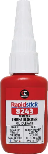 Removable general-purpose threadlocking adhesive. Suited for fasteners between 6-19mm. Tolerant of oil and other contamination. Protects threads from rust and corrosion. Suitable for stainless steel fasteners. 10ml.