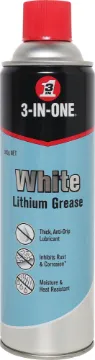 White Lithium Grease A long lasting heavy duty lubricant designed for bearings, sliding mechanisms, battery terminals, chains, gears and other moving parts. Sets dry for a thick coating. Reduces friction while protecting against corrosion. 300g.