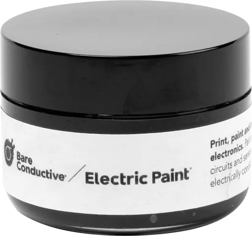 Conductive paint is just like any other water-based paint, except that it conducts electricity! This means that you can paint wires or sensors directly onto almost any material around you, including paper, wood, plastic and glass.