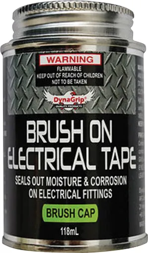 118mL Tin of black brush-on liquid electrical tape. 1200V per millimetre thickness insulation rating.