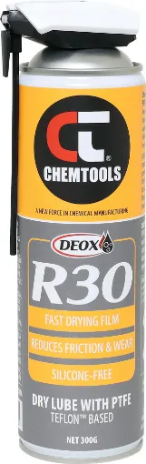 Chemtools DEOX R30 non-stick dry PTFE lubricant is a Teflon® based spray that acts as a powerful dry lubricant.